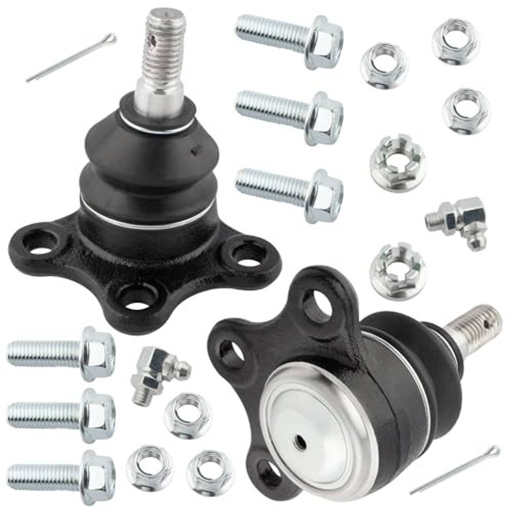 Pair of upper ball joints with black boots and flange mounts, plus chrome mounting hardware
