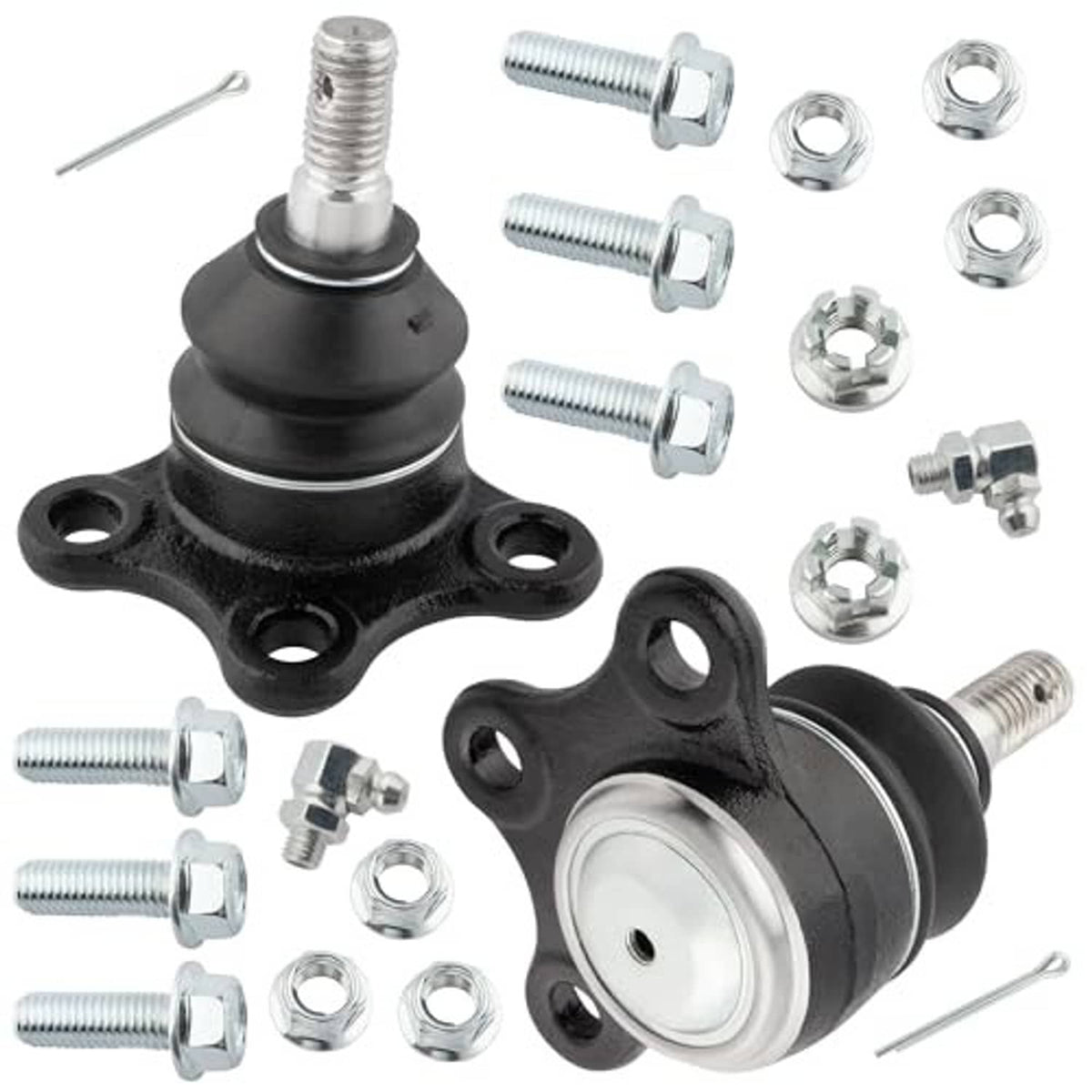 Pair of upper ball joints with black boots and flange mounts, plus chrome mounting hardware
