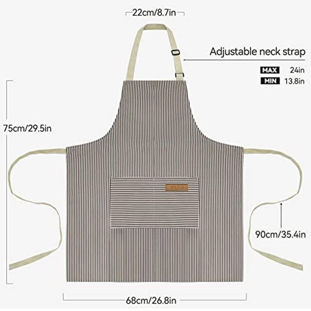 Striped bib apron with adjustable neck strap and front pocket, light beige and dark stripes