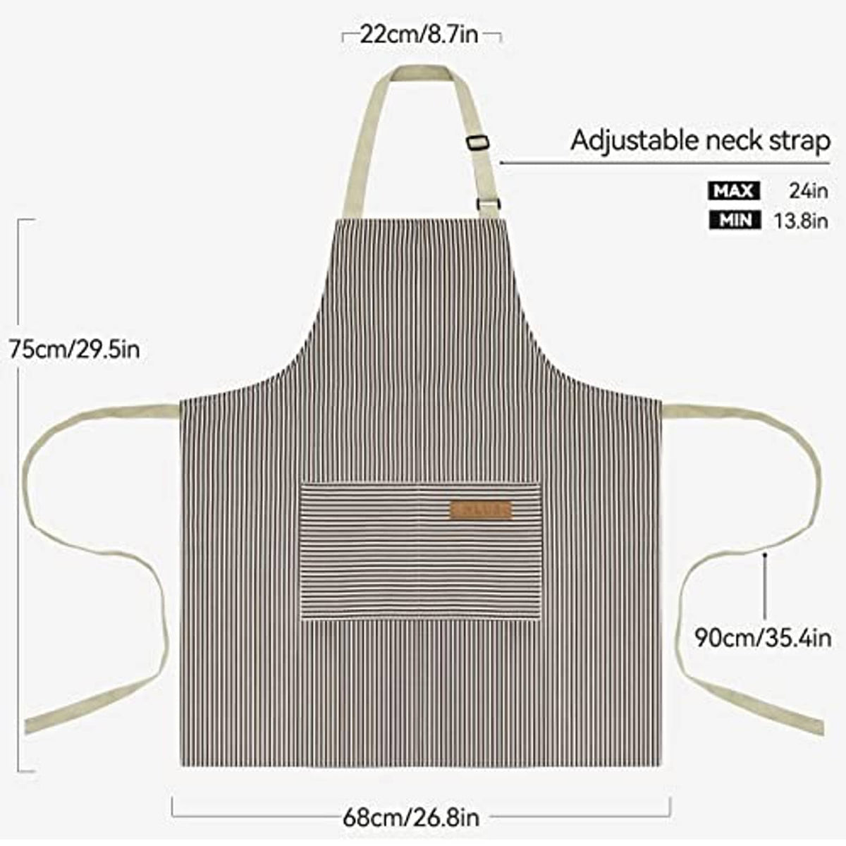Striped bib apron with adjustable neck strap and front pocket, light beige and dark stripes