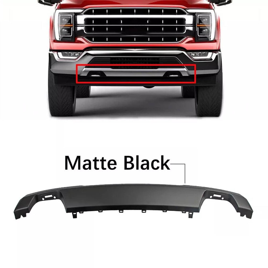 Matte black front bumper lower trim panel with cutouts and attachment points