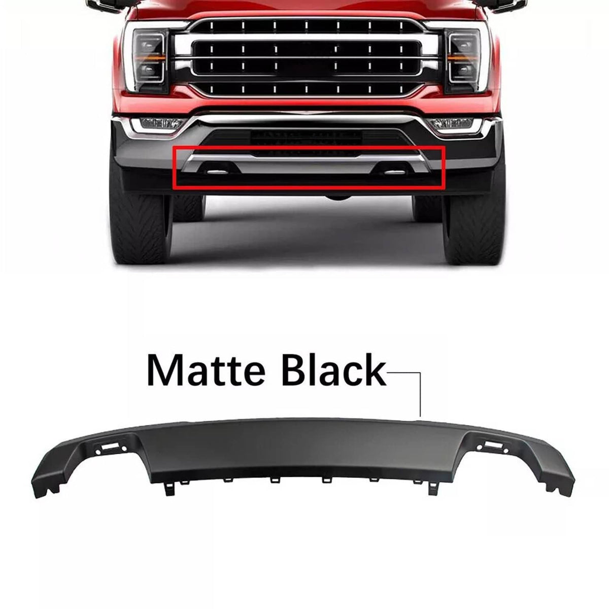 Matte black front bumper lower trim panel with cutouts and attachment points