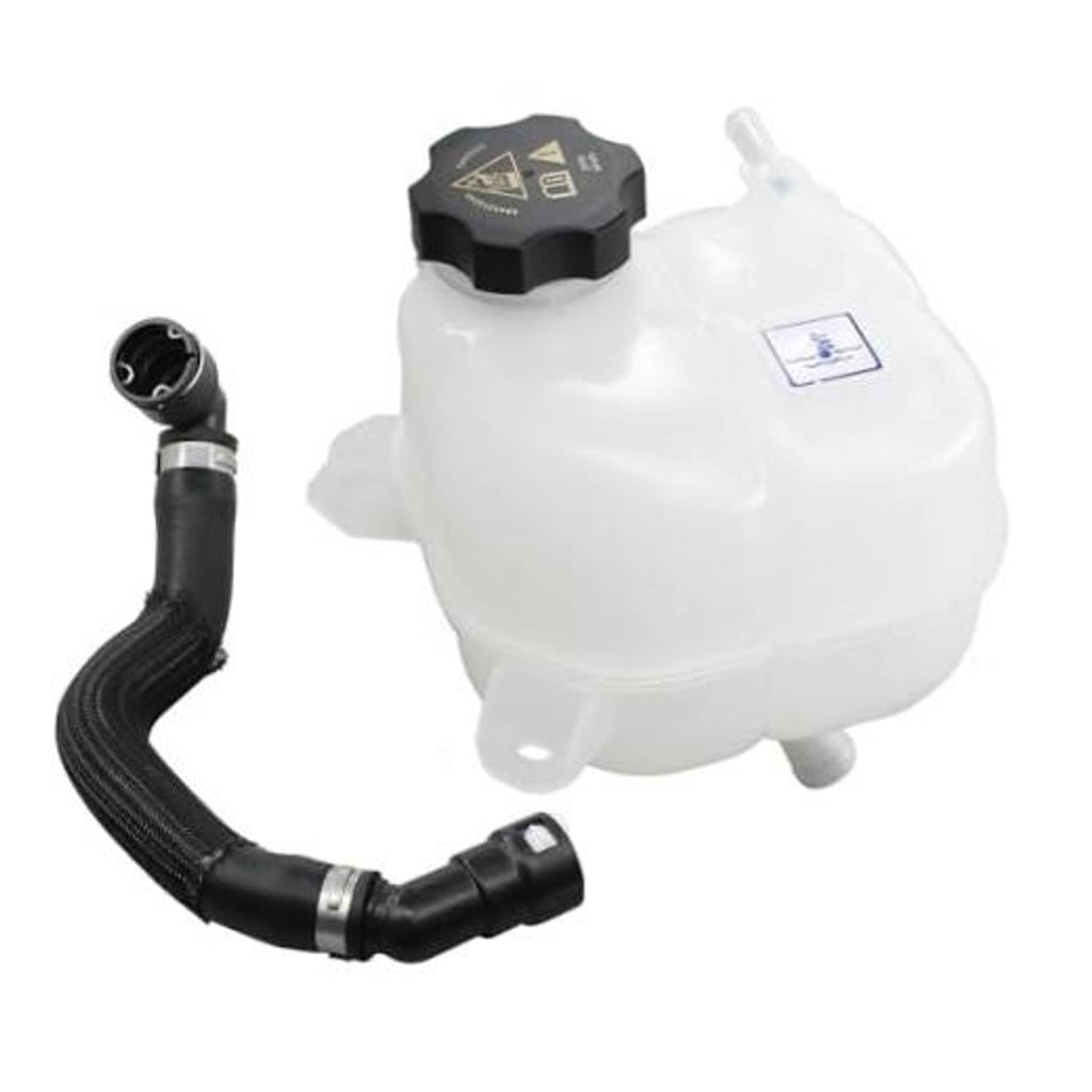 Coolant expansion tank with black heater hose and dark cap, white reservoir