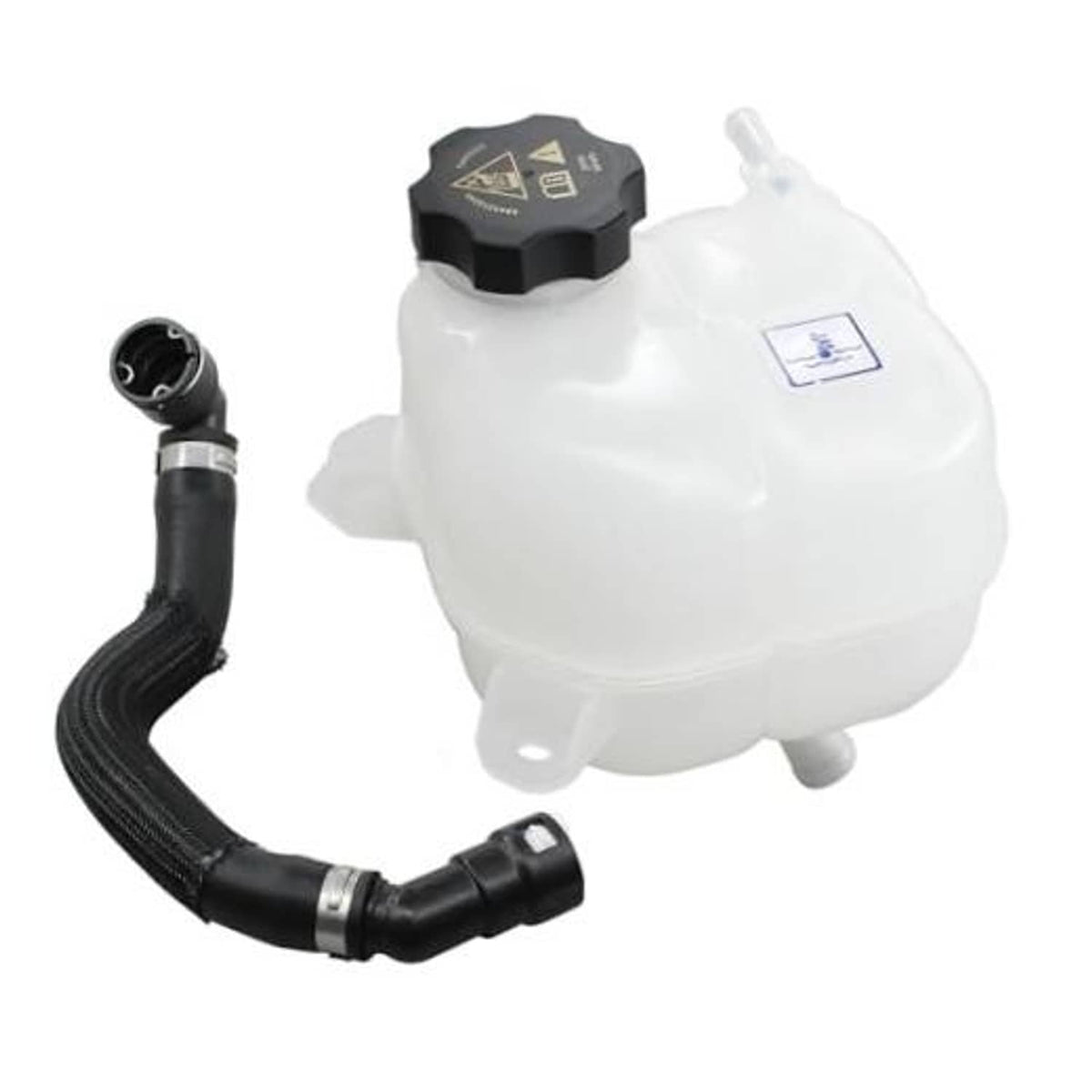 Coolant expansion tank with black heater hose and dark cap, white reservoir