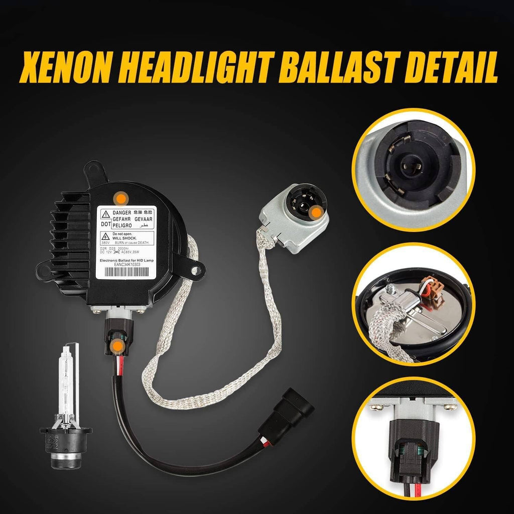 HID headlight ballast kit with black control module, igniter, cables, and HID bulb