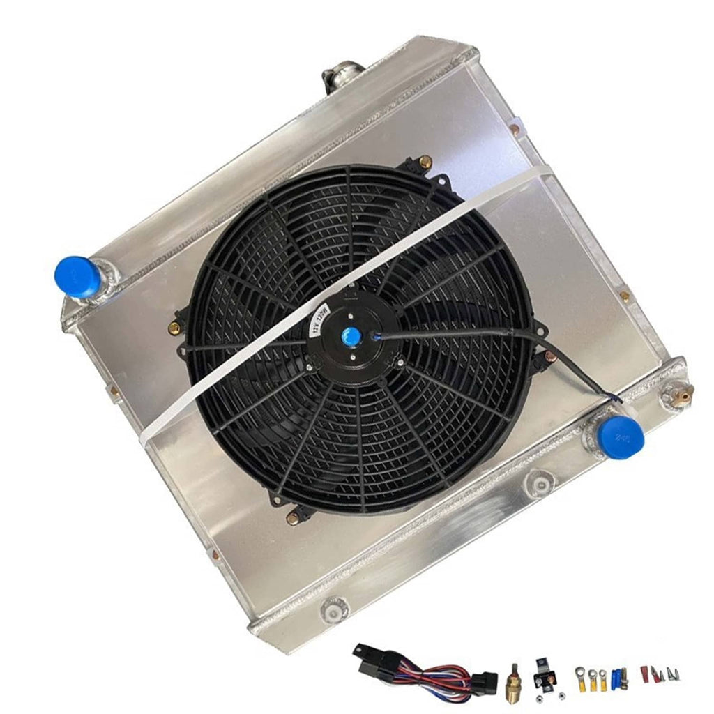 Radiator shroud fan with black blades, white brace bar, and included electrical hardware