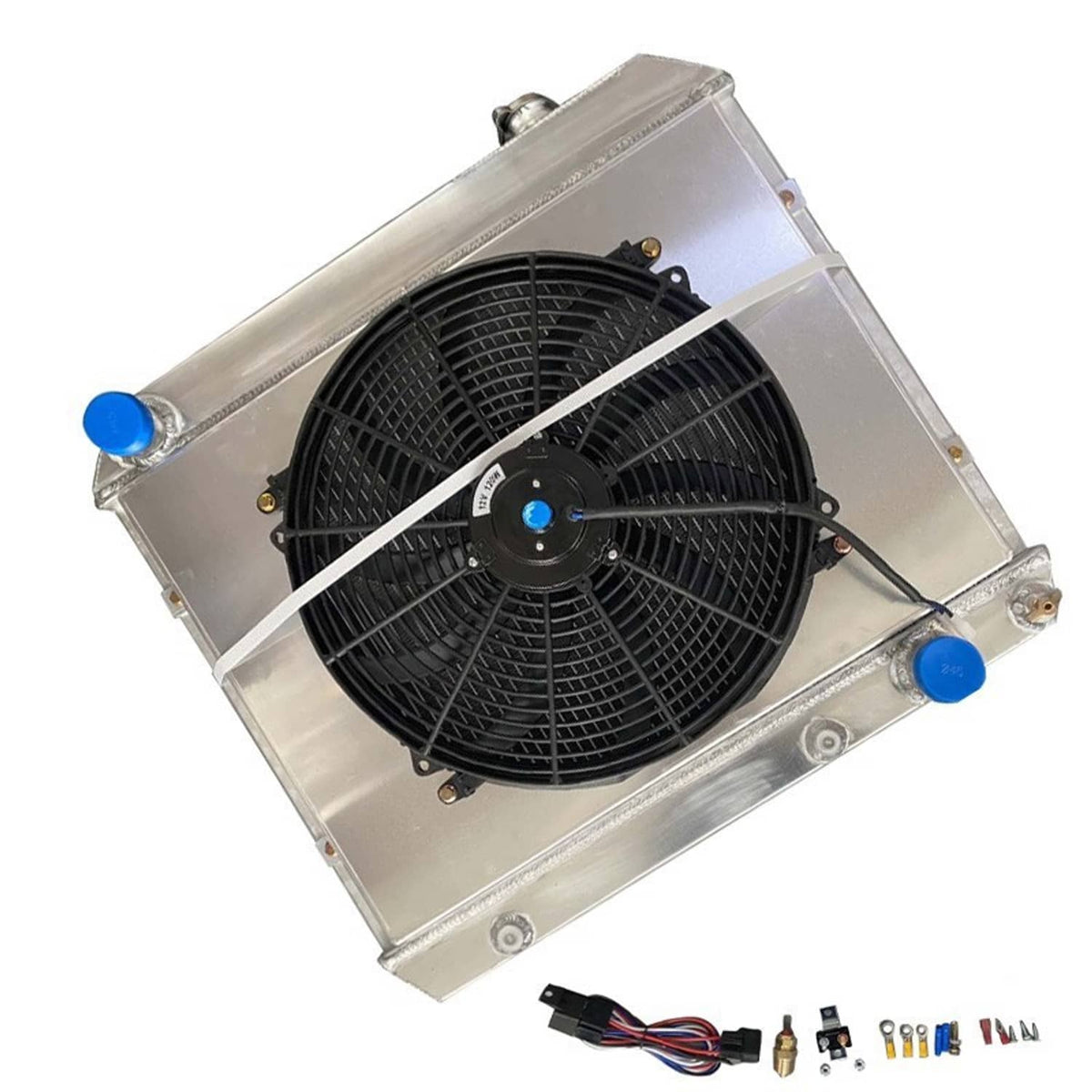 Radiator shroud fan with black blades, white brace bar, and included electrical hardware