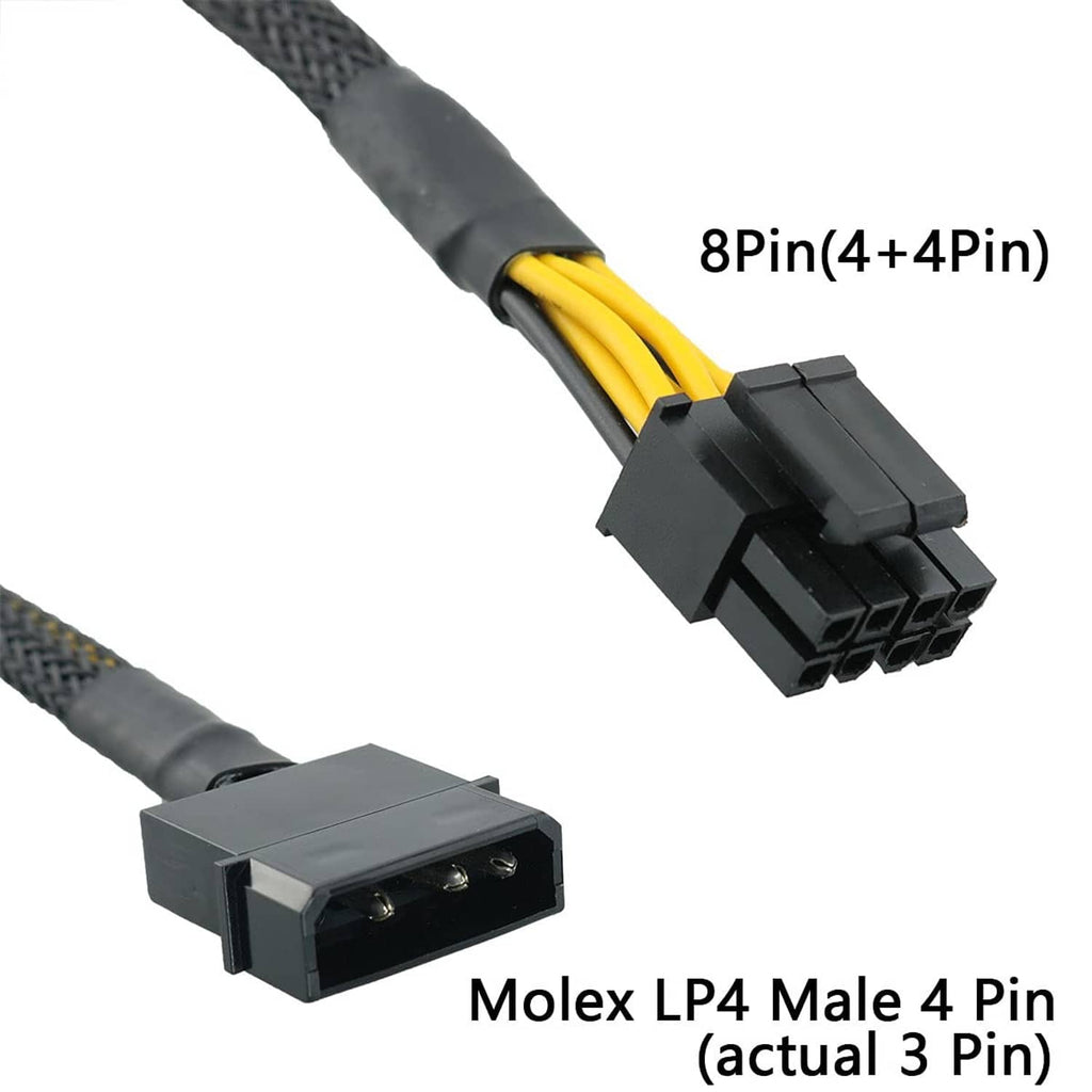 Braided power adapter cable close-up: Molex LP4 male 4-pin connector with 8-pin (4+4)