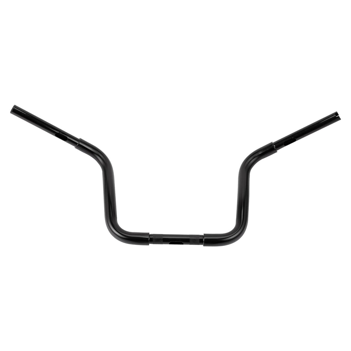 Black ape-hanger handlebars with front-facing rise, straight bar ends, and center bracket