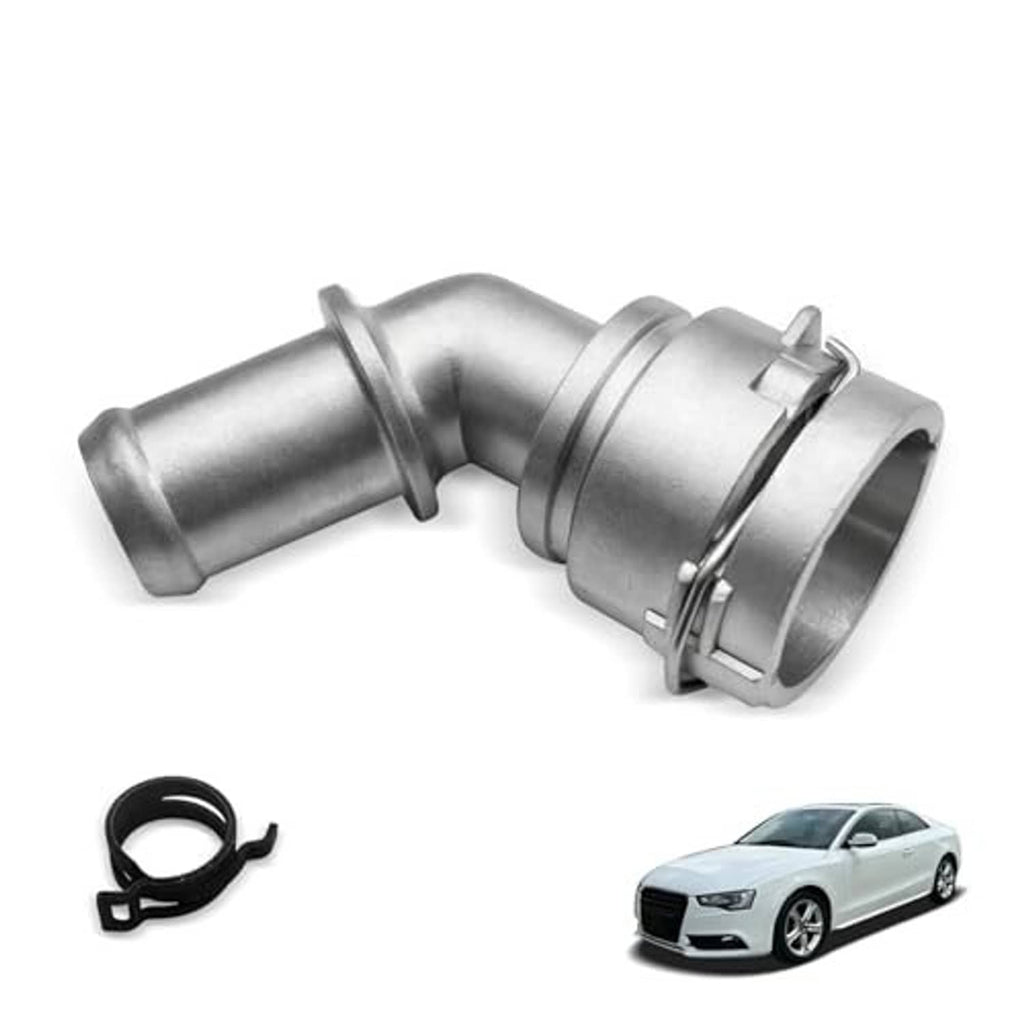 Silver aluminum quick connector with spring clamp, angled outlet, and black O-ring