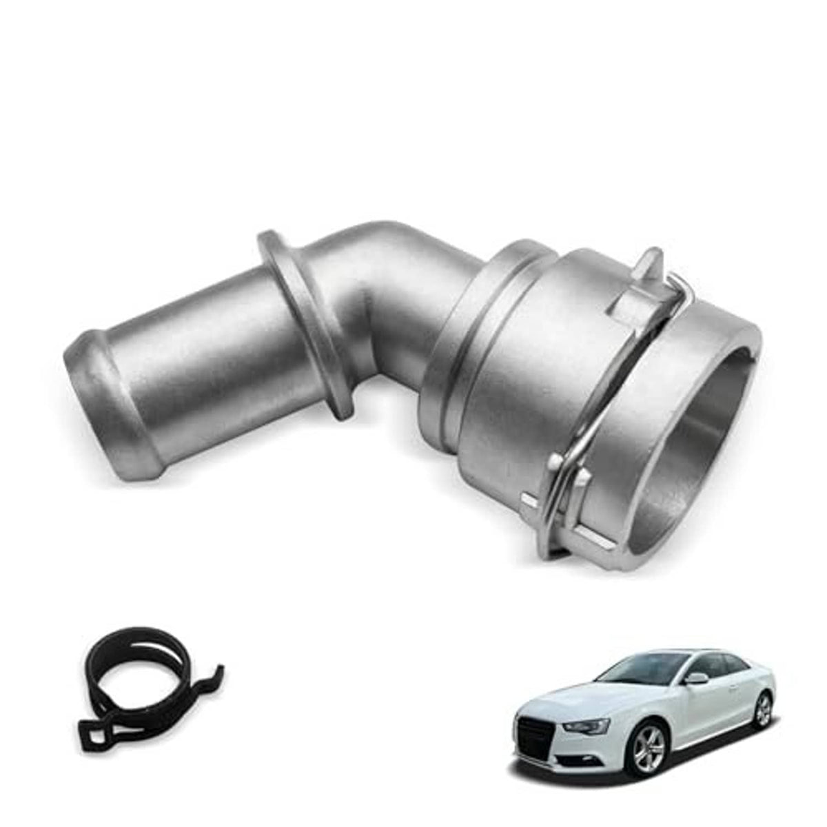 Silver aluminum quick connector with spring clamp, angled outlet, and black O-ring