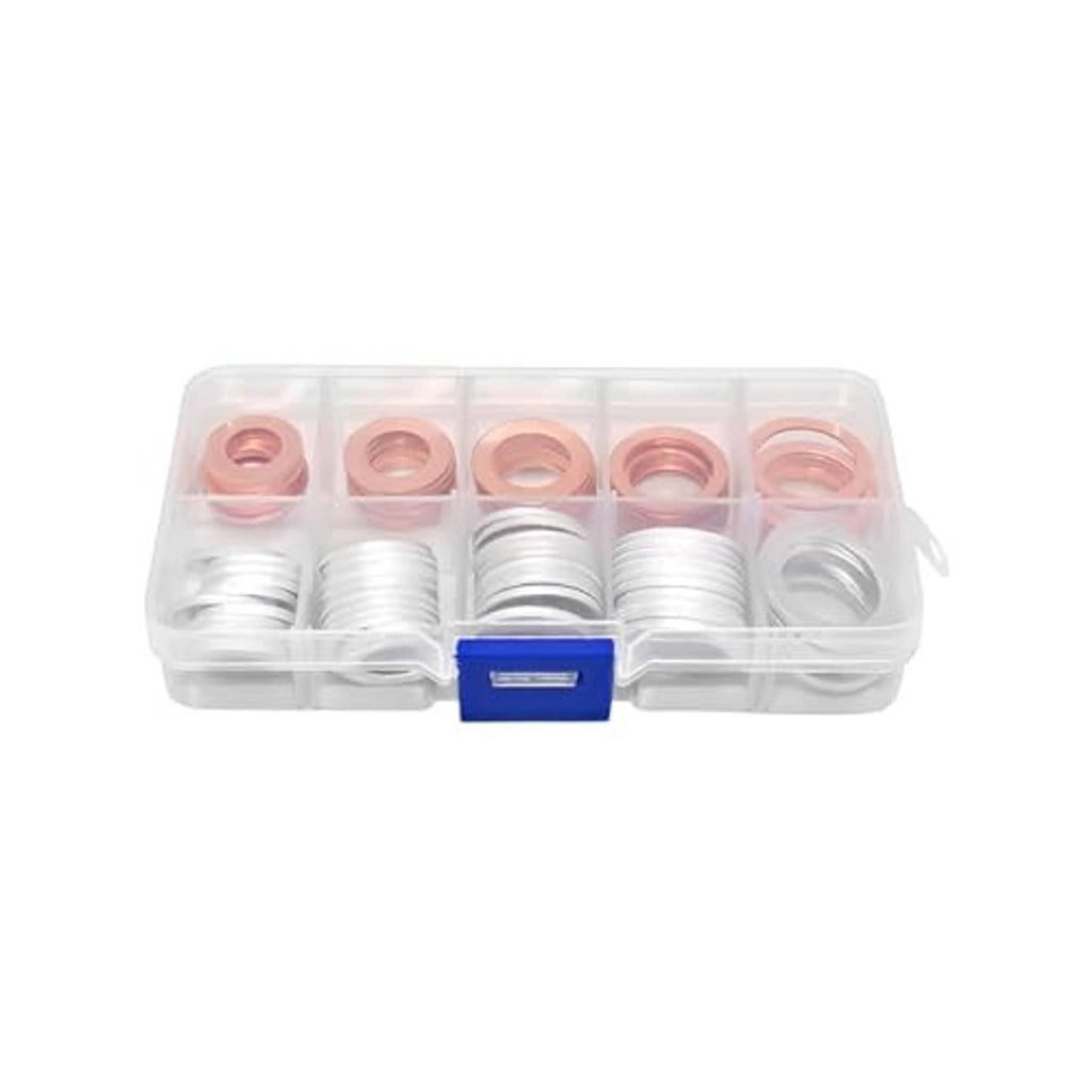 Oil drain plug crush washer assortment in clear case with copper-colored and silver washers