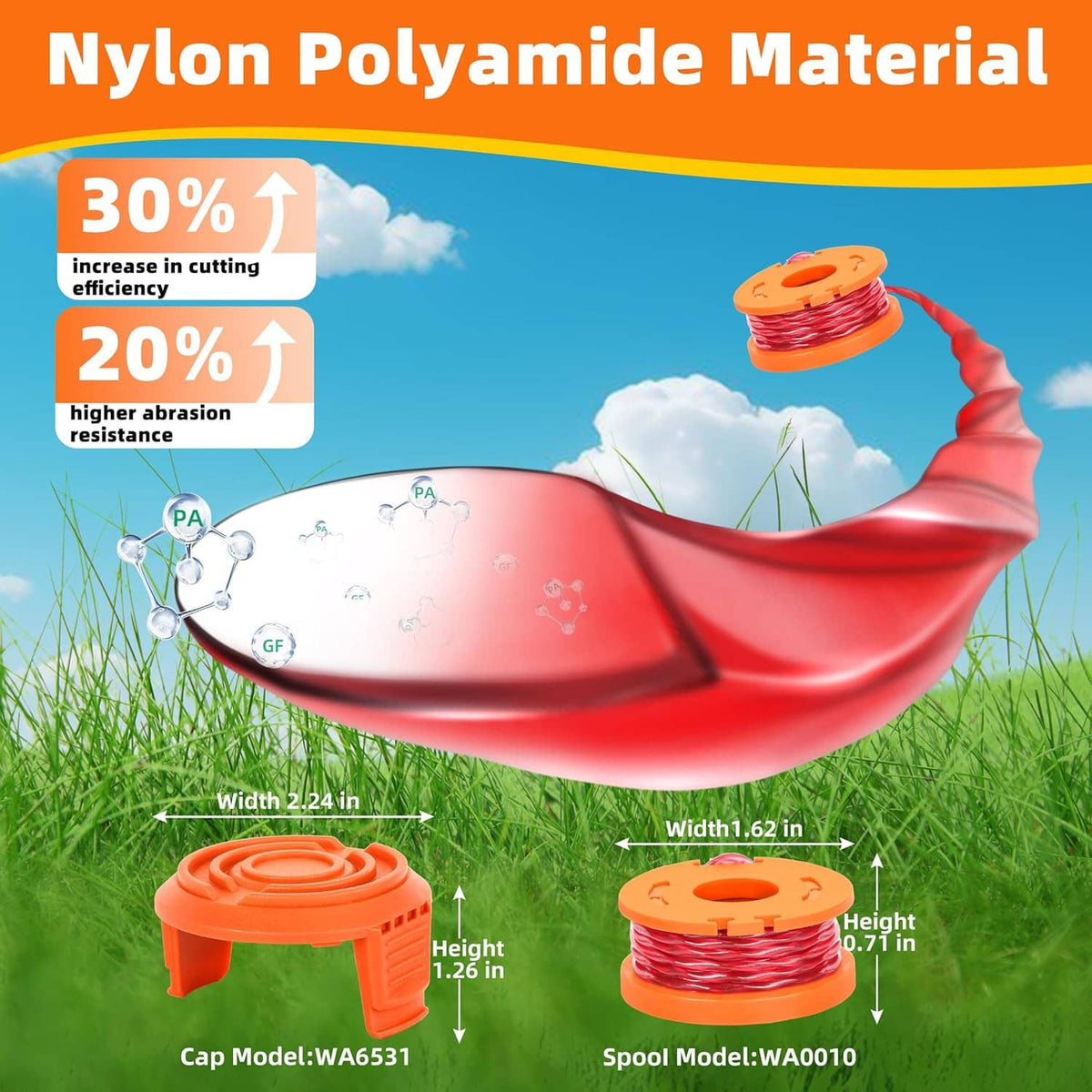 Nylon polyamide trimmer line spools, orange caps with red line and size indicators