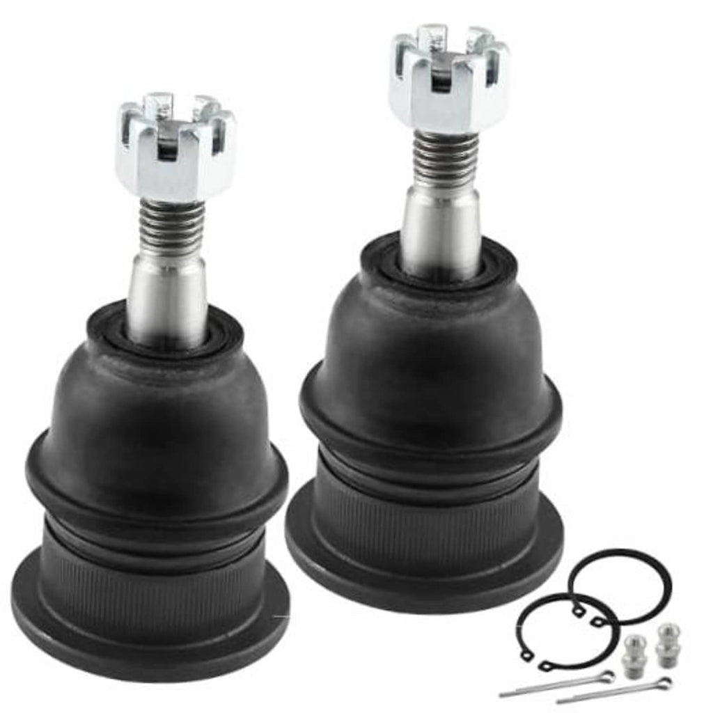 Pair of front upper ball joints with black boots, metal studs, and small included parts