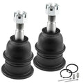 Pair of front upper ball joints with black boots, metal studs, and small included parts