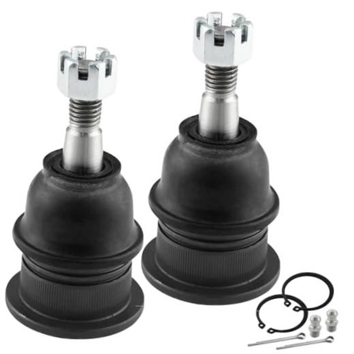 Pair of front upper ball joints with black boots, metal studs, and small included parts