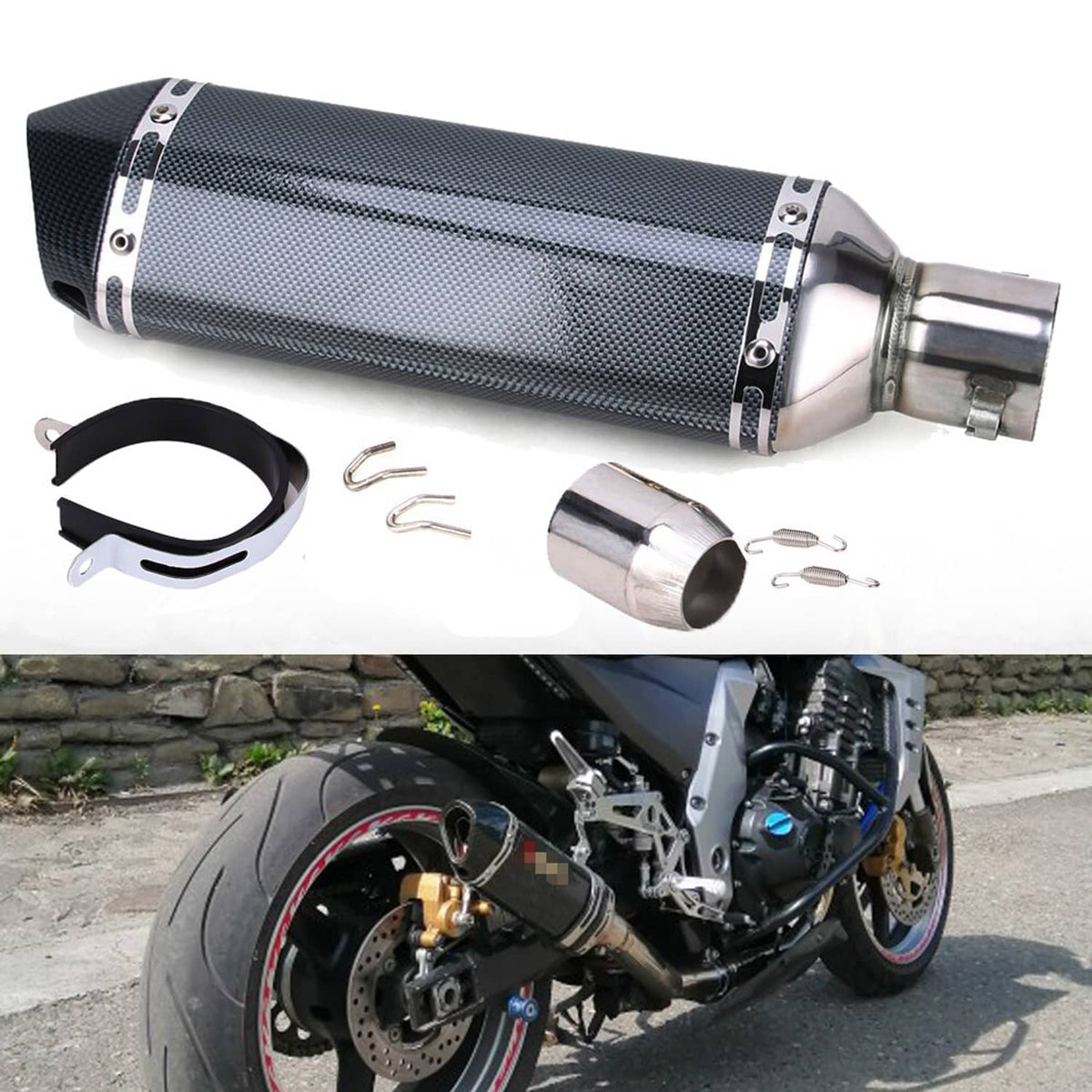 Motorcycle exhaust muffler with carbon fiber finish, chrome outlet, and clamp ring