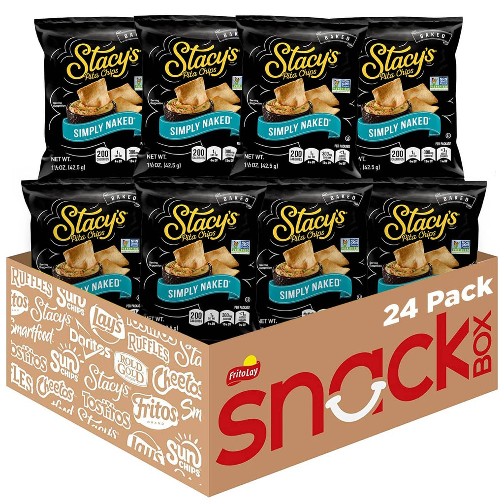 Pack of Stacy's Simply Naked pita chip bags, black packaging with blue flavor band