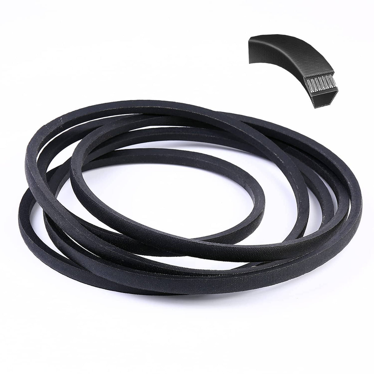 Lawn mower deck belt, black rubber coil with ribbed end connector tab