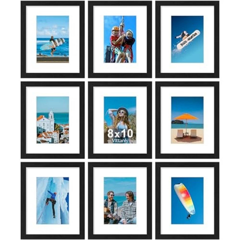 Black 9-piece picture frame set with white mats and clear plexiglass panels