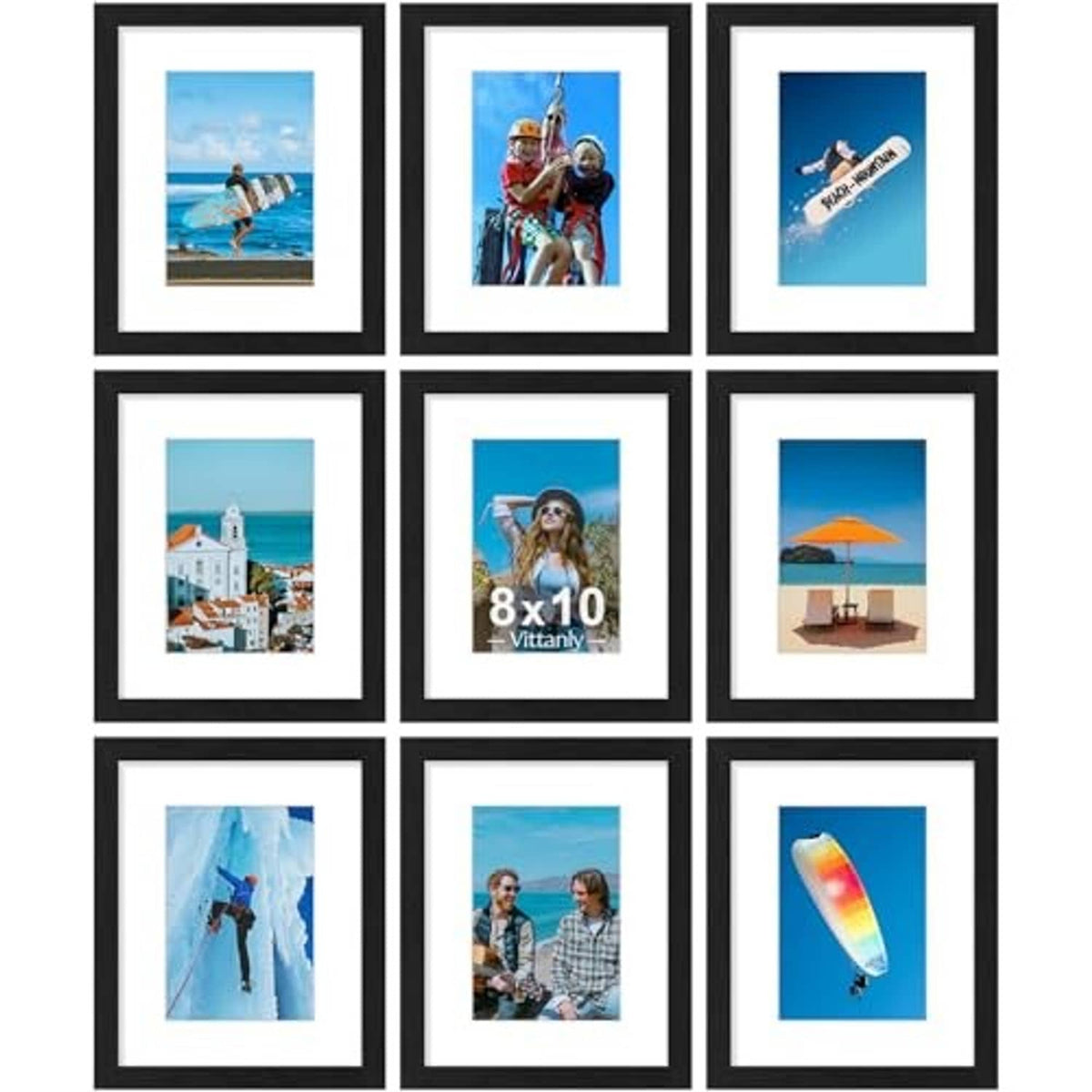 Black 9-piece picture frame set with white mats and clear plexiglass panels