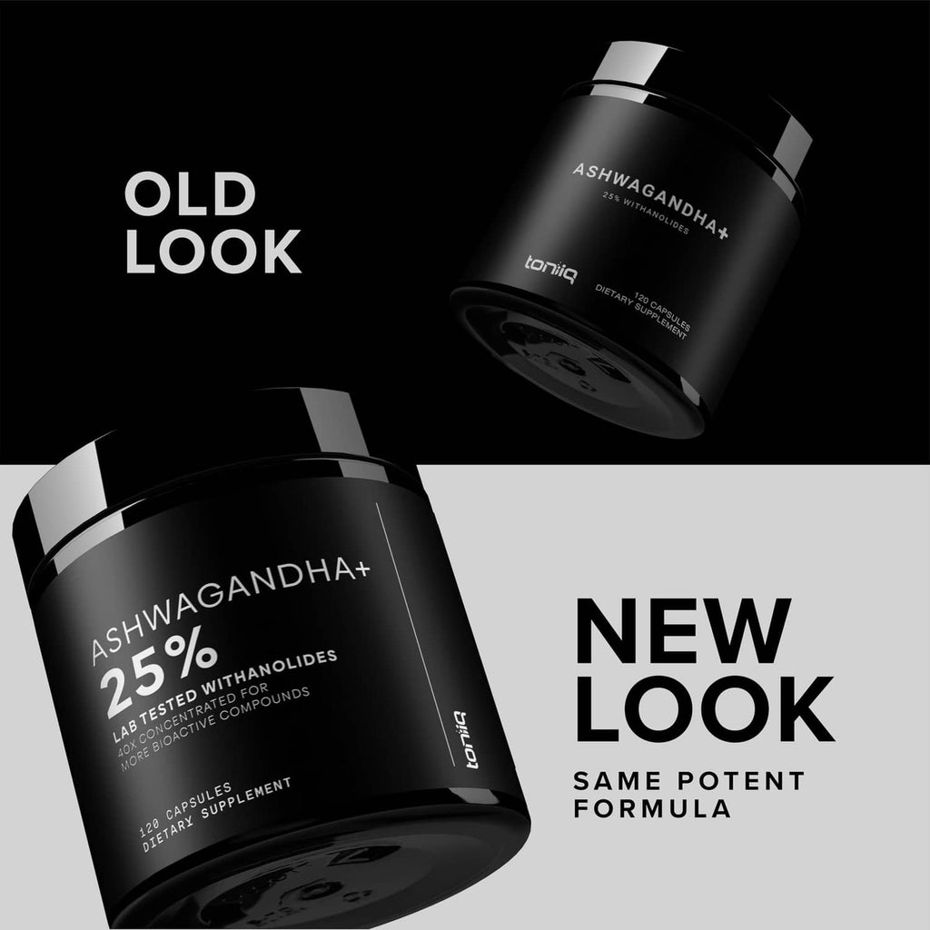 Ashwagandha+ supplement jars showing old vs new look, same formula