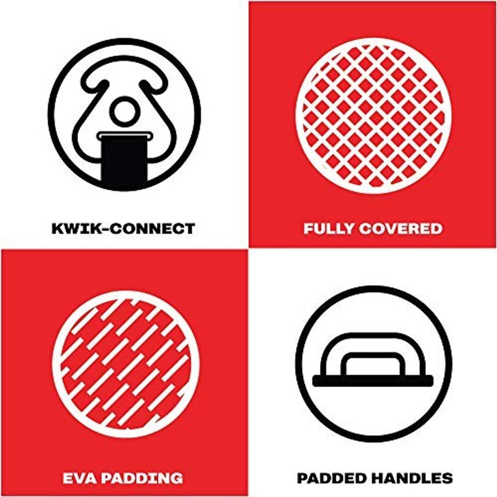 Airhead towable tube feature icons: quick-connect, fully covered, EVA padding, padded handles