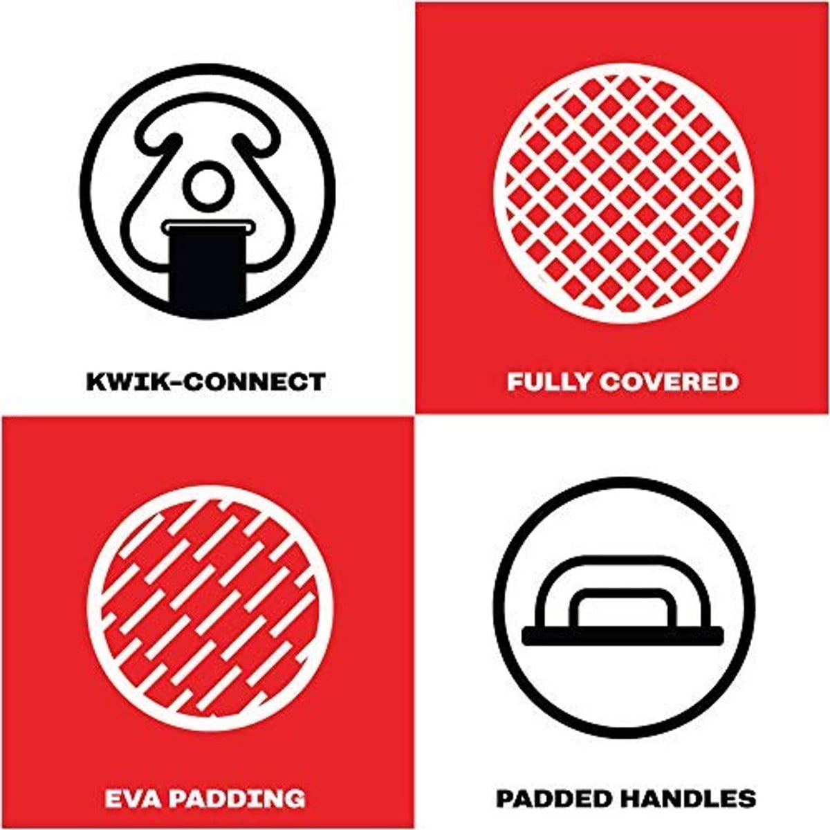 Airhead towable tube feature icons: quick-connect, fully covered, EVA padding, padded handles