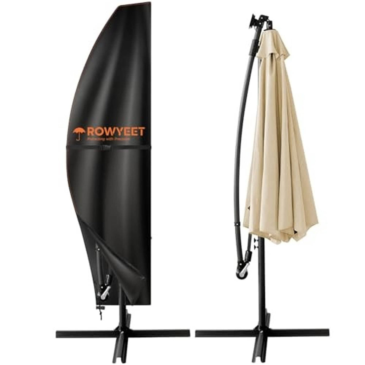 Cantilever umbrella cover set featuring a black cover and a light tan cover on stands