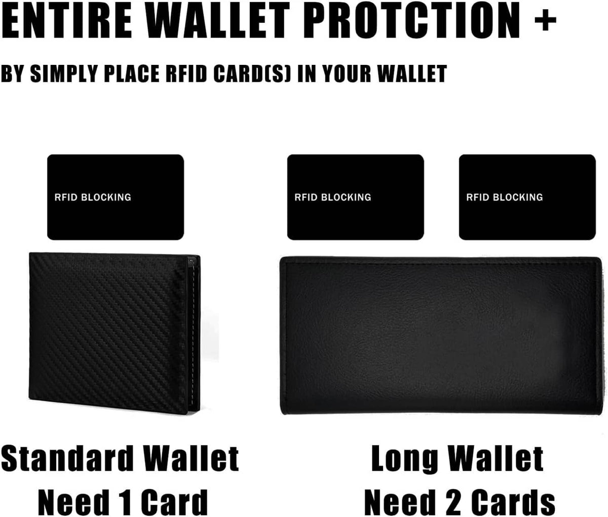 RFID blocking cards shown for standard wallet and long wallet placement