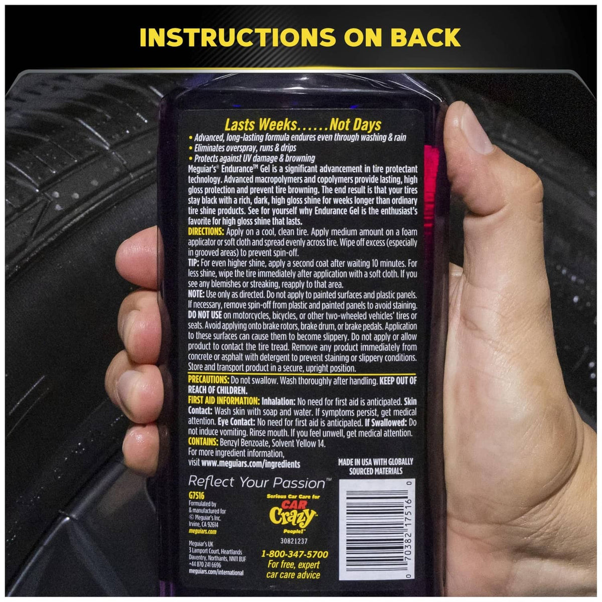 Meguiar’s Endurance tire gel bottle back label held in a hand