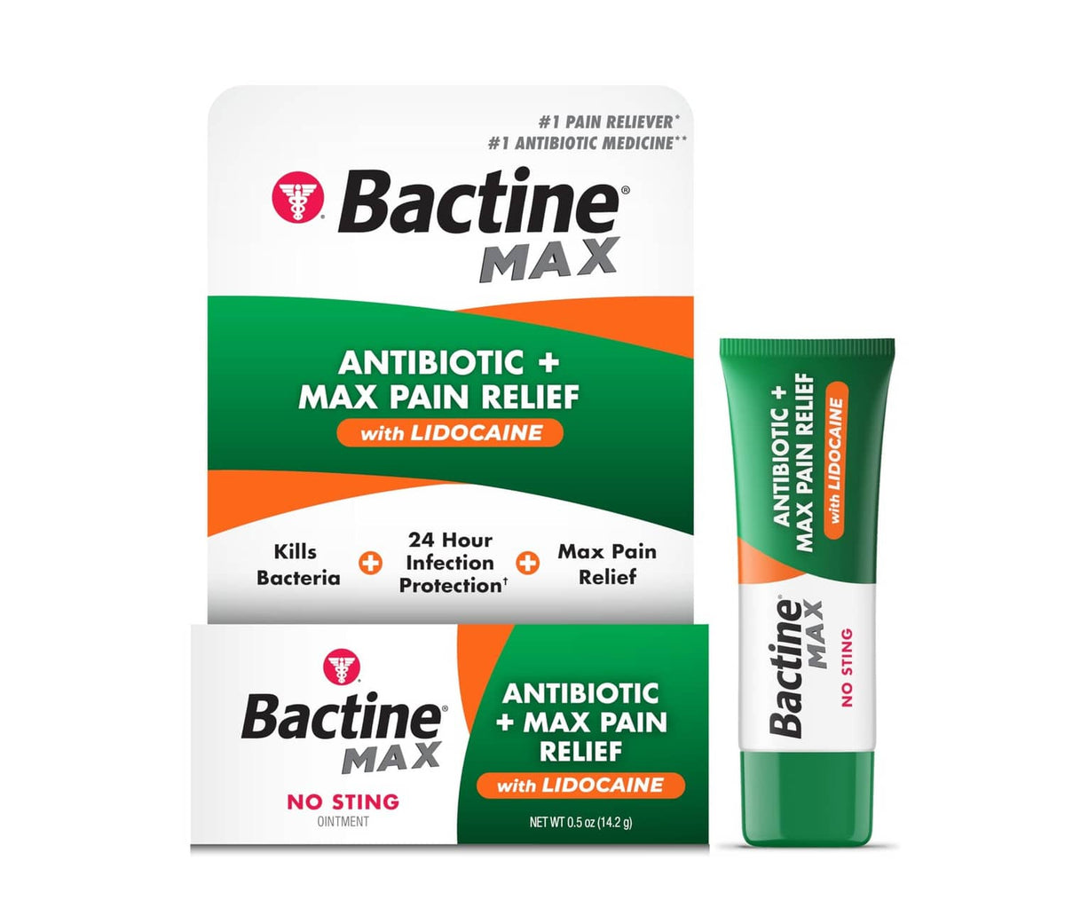 Bactine MAX antibiotic pain relief ointment box and green tube with lidocaine