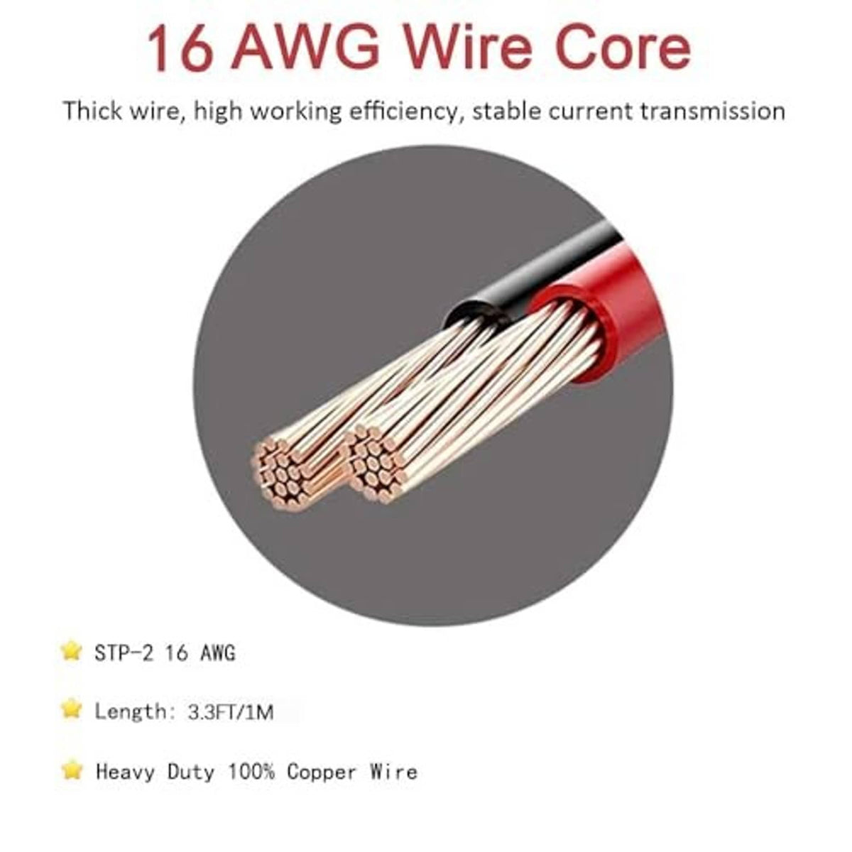 Red cable with 16 AWG copper wire core and insulated strand detail