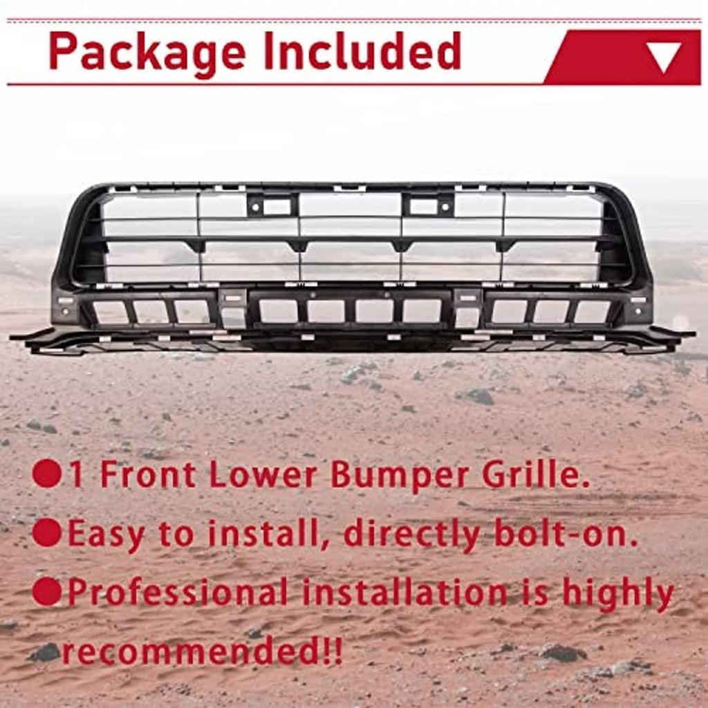 Front lower bumper grille, black frame with bar insert and mounting clips