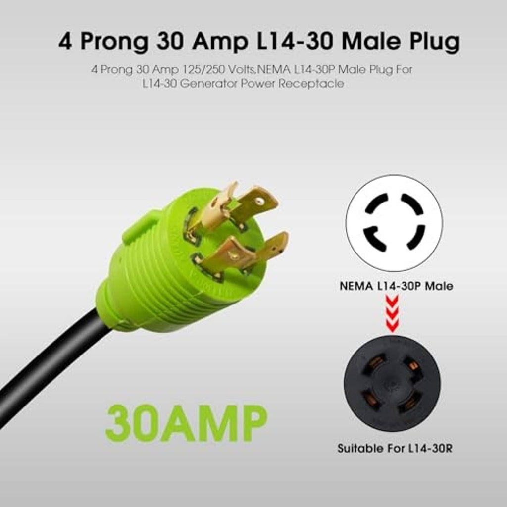 Green 4-prong L14-30 male plug on black generator-to-welder adapter cord