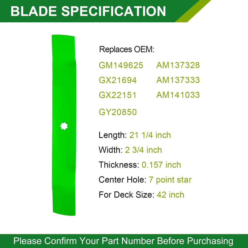 Mower replacement blade, long green blade with center mounting hole