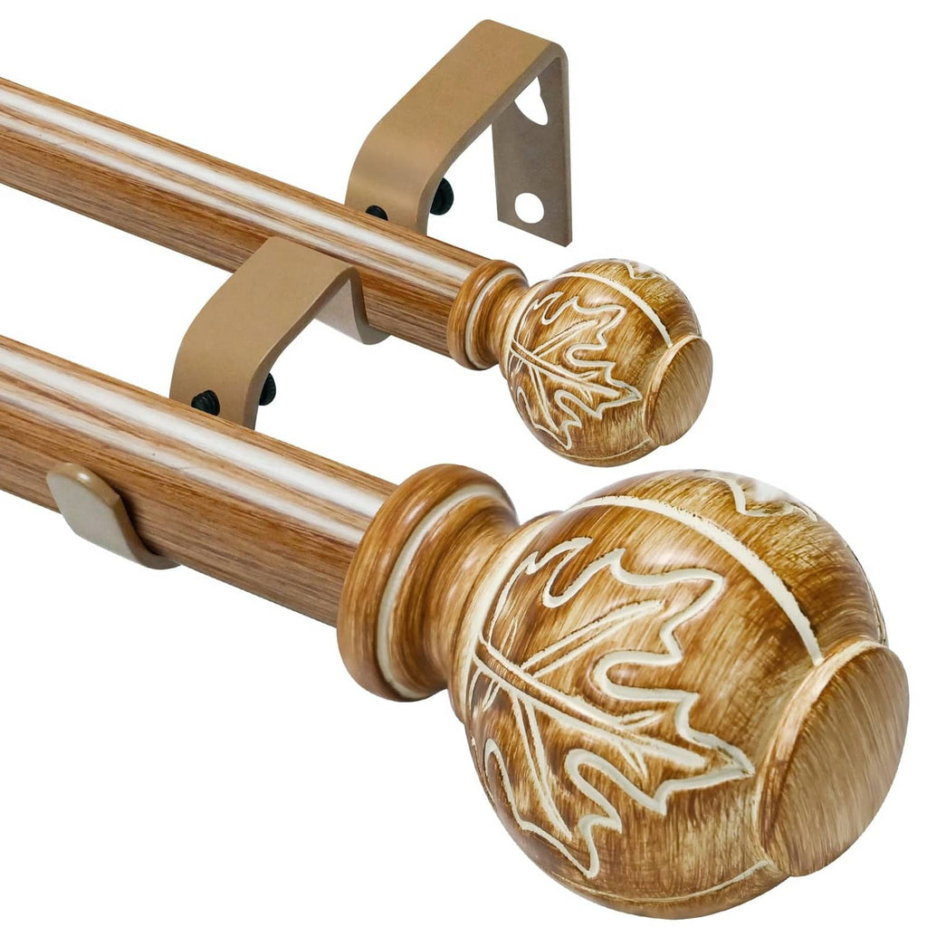 Natural wood double curtain rod ends with carved leaf finials and mounting bracket