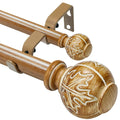 Natural wood double curtain rod ends with carved leaf finials and mounting bracket