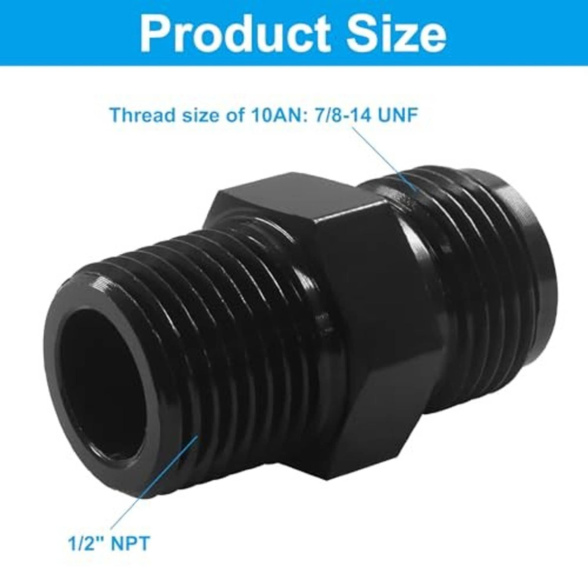 Black flare-to-1/2 in NPT fitting adapter, hex coupler with threaded openings