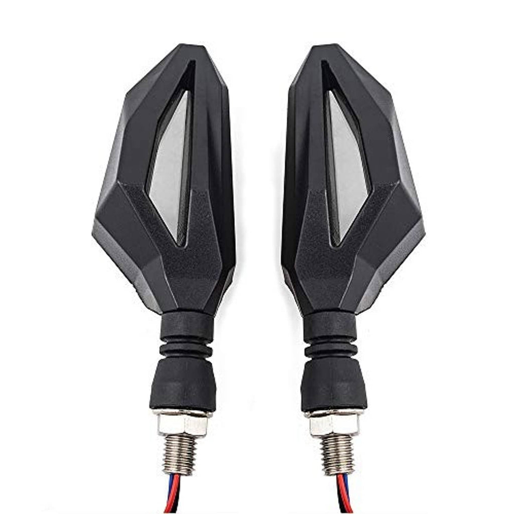 Motorcycle LED turn signal lights, black housings with angled clear lens panels and screw posts
