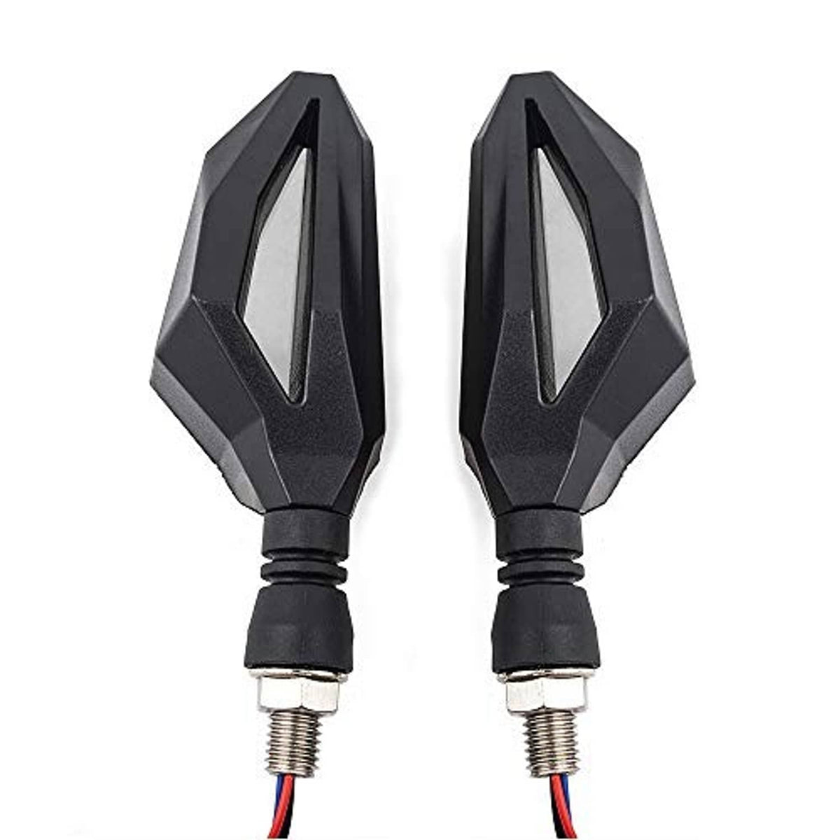 Motorcycle LED turn signal lights, black housings with angled clear lens panels and screw posts