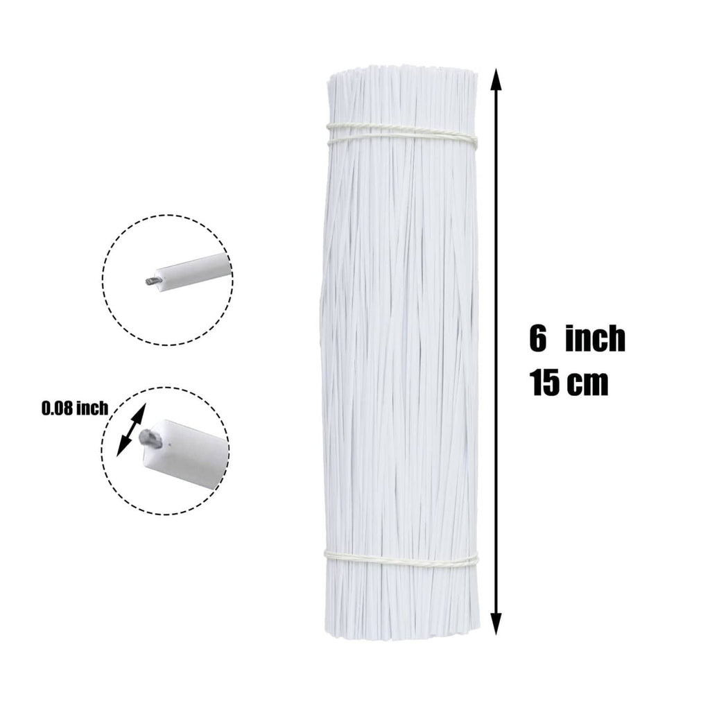 White plastic twist ties bundle, 6 in (15 cm) long, metal-core roll