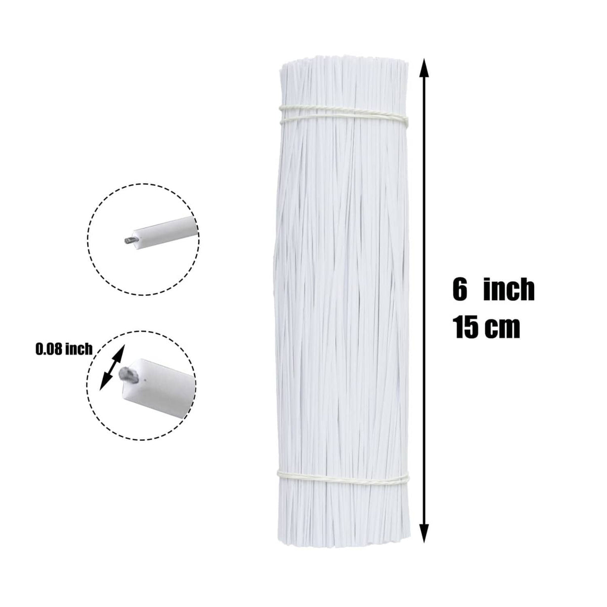 White plastic twist ties bundle, 6 in (15 cm) long, metal-core roll