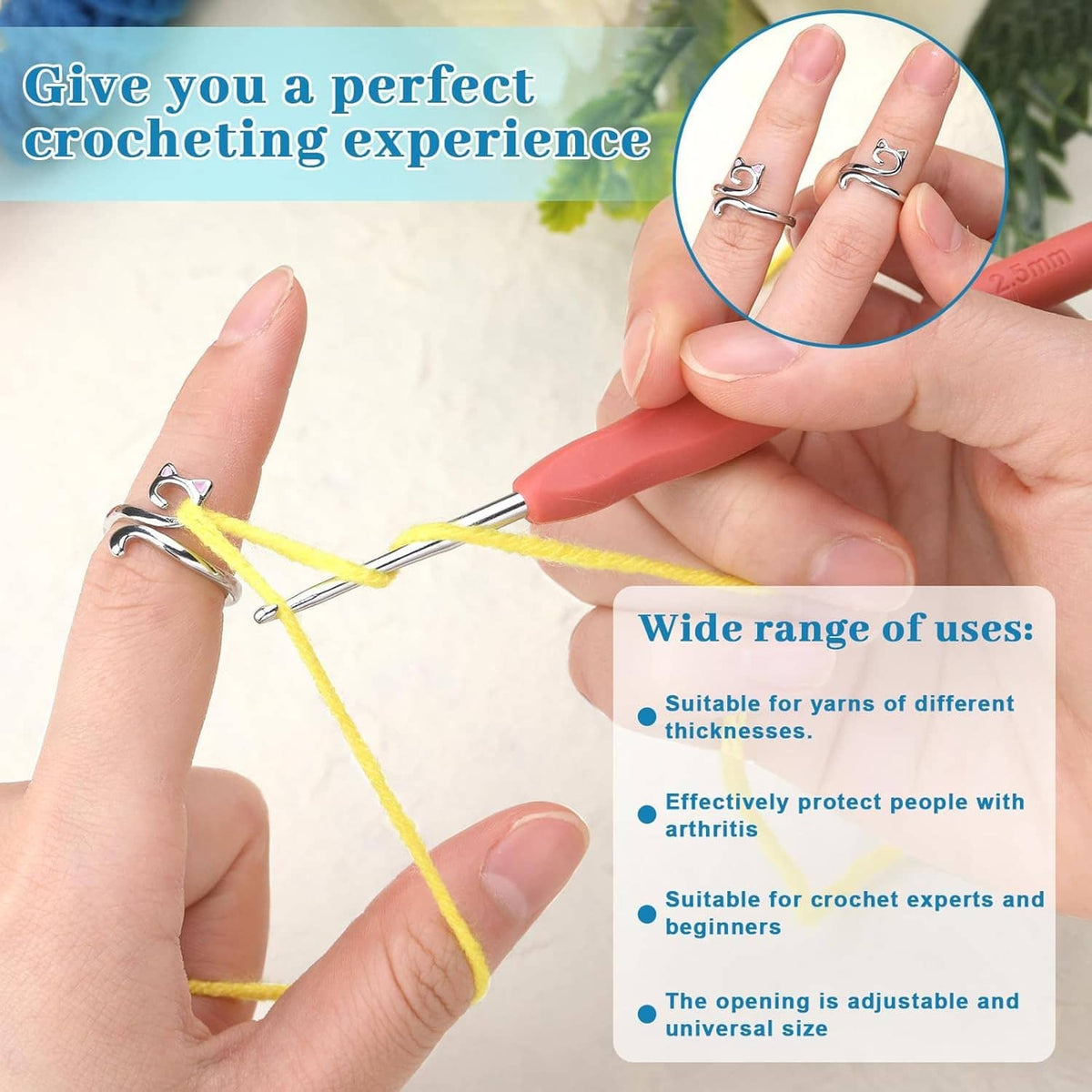 Cat-shaped adjustable crochet tension ring worn on finger guiding yarn while crocheting