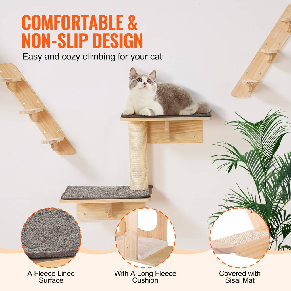 Wall cat climbing shelf with gray fleece-lined platforms, sisal post, and small cat house