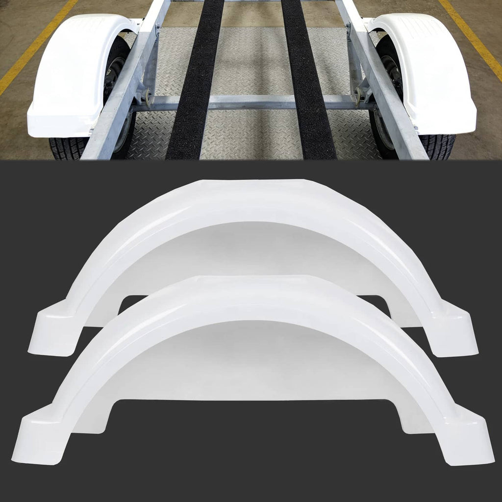 White trailer fender pair with arched coverage over 13-inch wheels