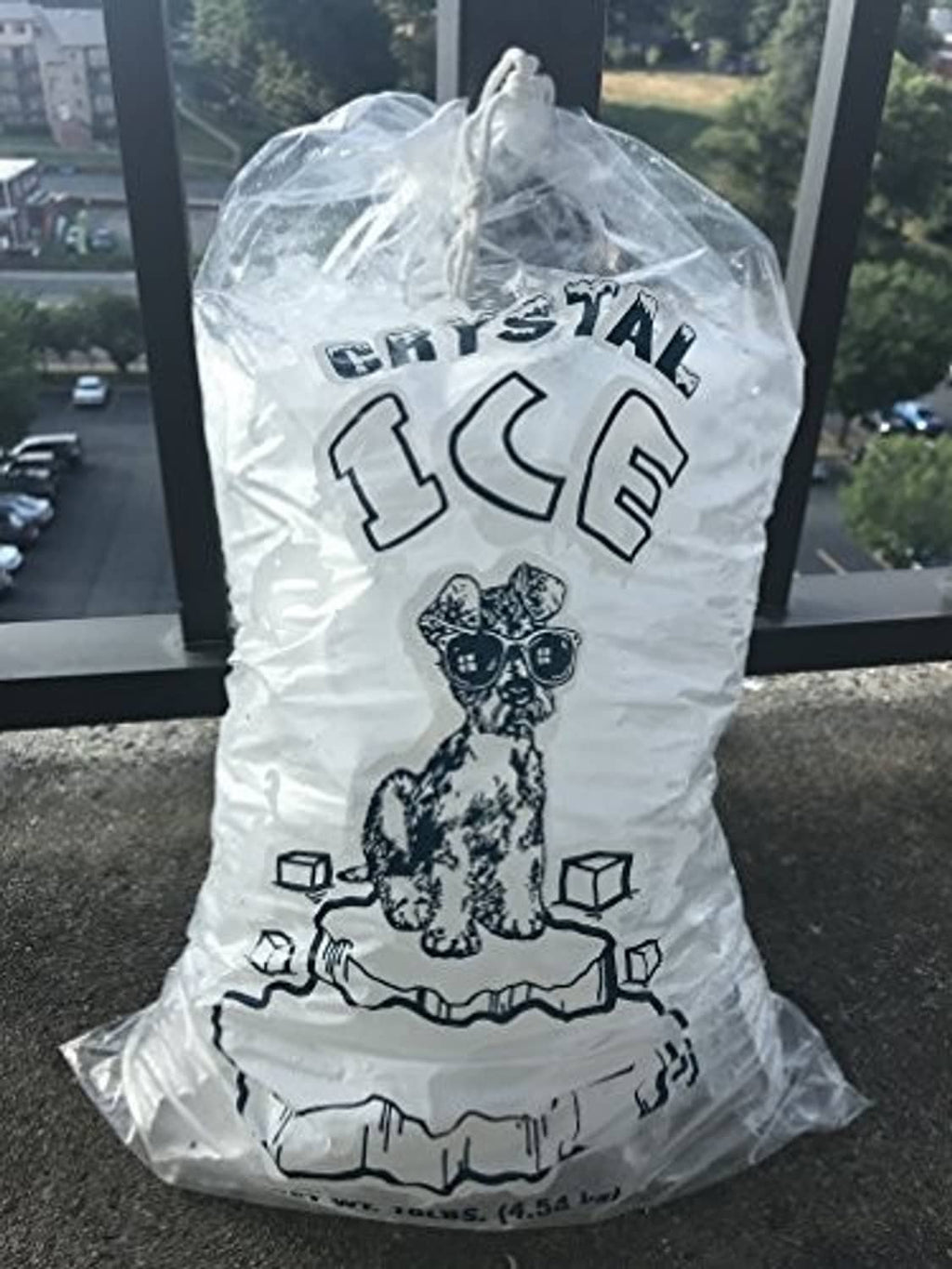 Clear plastic ice bag with CRYSTAL ICE graphic, cotton drawstring tied at top