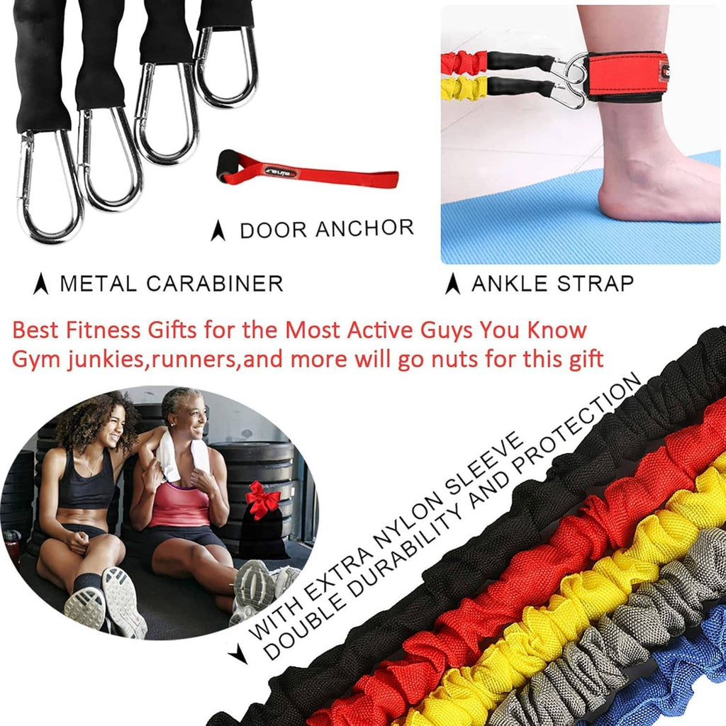Resistance band kit with door anchor, metal carabiners, and ankle strap accessories