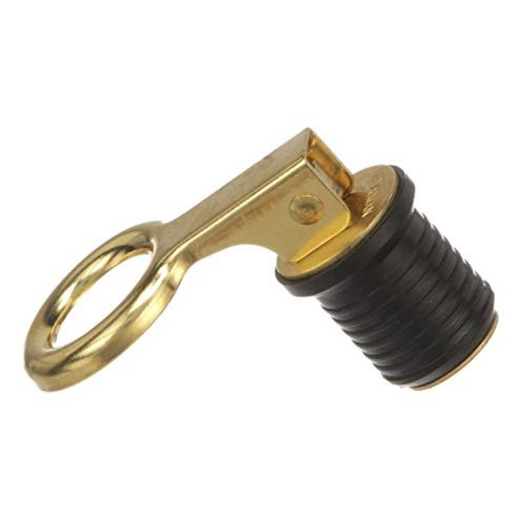 Brass drain plug snap handle with black ribbed rubber insert and loop ring