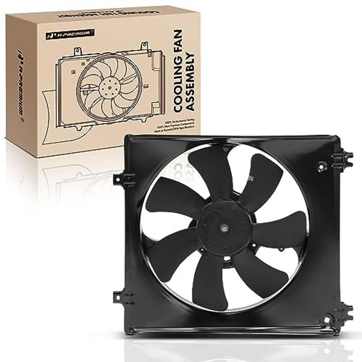 Black radiator cooling fan assembly with five-blade fan and side mounting brackets